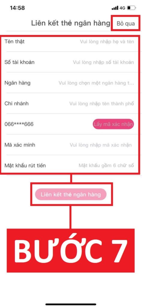 Liên kết ngân hàng khi tạo tài khoản QQLive