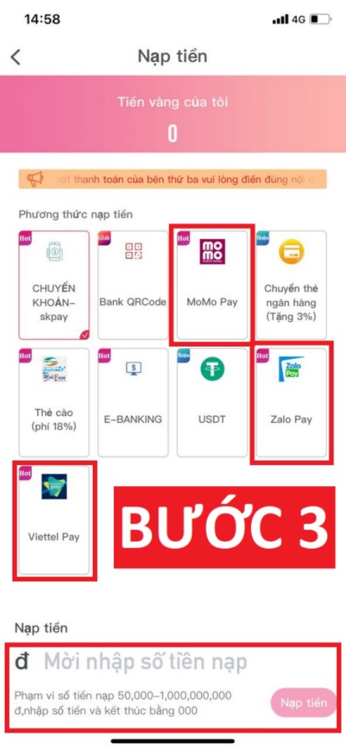 Bước 3: Chọn ví điện tử và mức nạp tiền QQLive