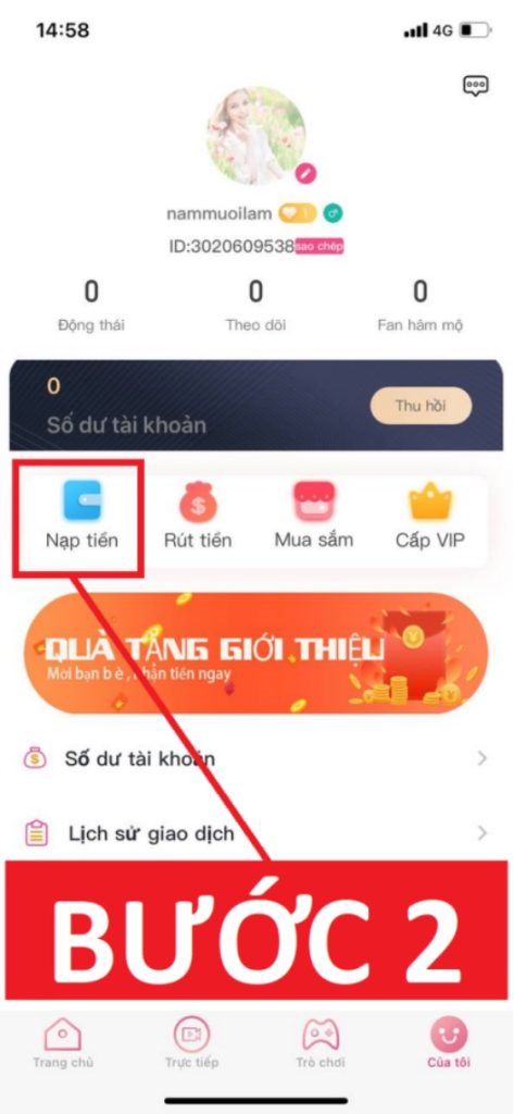 Bước 2: Chọn Nạp tiền trên QQLive
