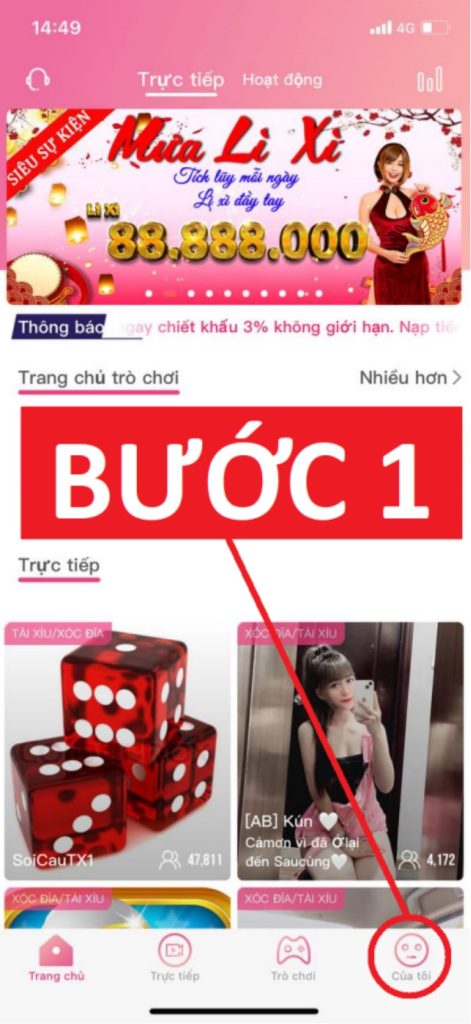 Bước 1: Mở mục Của tôi để nạp tiền qua ví điện tử