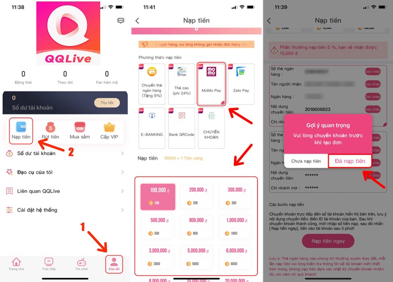 Thao tác nạp tiền QQlive qua Momo Pay